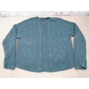 Sonoma Full Zip Wool Silk Rabbit Blend Teal Cable Knit Cardigan Sweater L Y2K